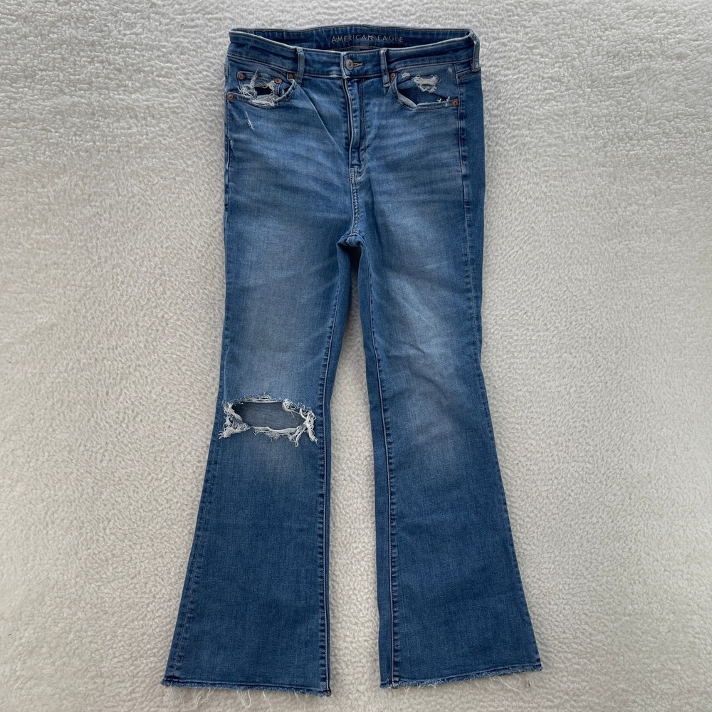 American Eagle Jeans Women 8 Blue Super Hi-Rise Flare Distressed Denim Raw Hem